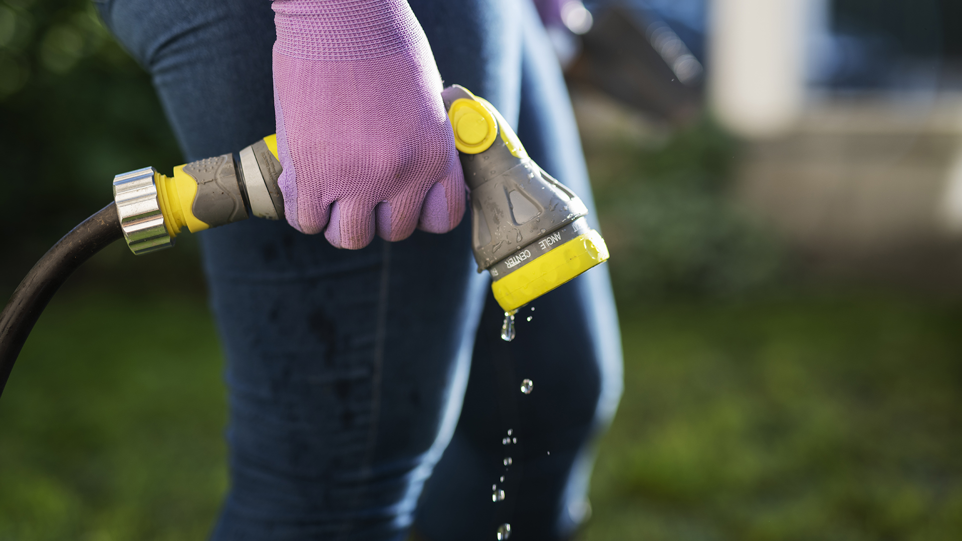 Gardener holding water hose after finished watering.