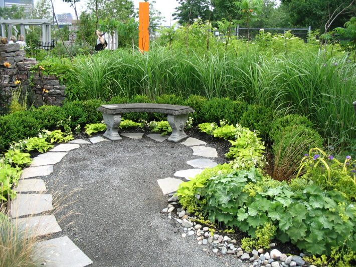 stone walkway with bench