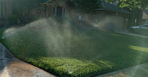 Automatic irrigation water spraying and running off onto sidewalk and driveway