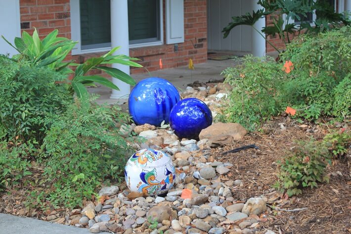front yard decoration with gazing balls | SAWS Garden Style Conservation Water Saver San Antonio Texas