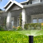 Sprinkler head watering a lawn.