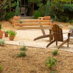 Backyard with clean lines and patio with firepit.