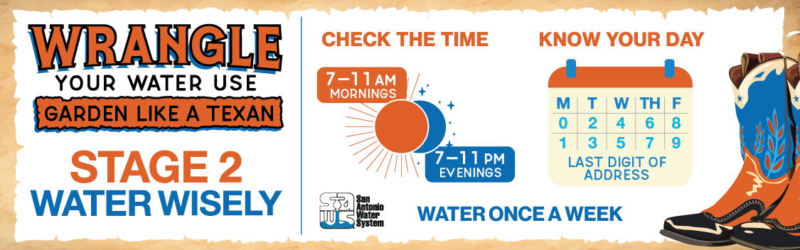 Wrangle Your Water Use and water once a week 7-11 a.m. and 7-11 p.m. during Stage 2 watering rules.