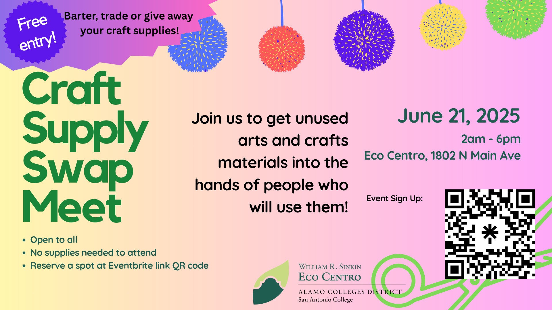 A colorful graphic describing the Eco Cento craft swap event.