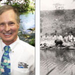 Gregg Eckhardt (left) with a historic scene along San Antonio's river