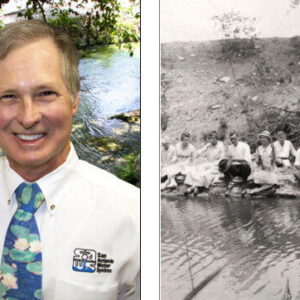 Gregg Eckhardt (left) with a historic scene along San Antonio's river