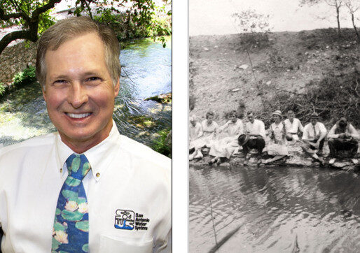 Gregg Eckhardt (left) with a historic scene along San Antonio's river