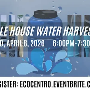 April 2026 calendar entry highlighting whole house water harvesting on the 8th.
