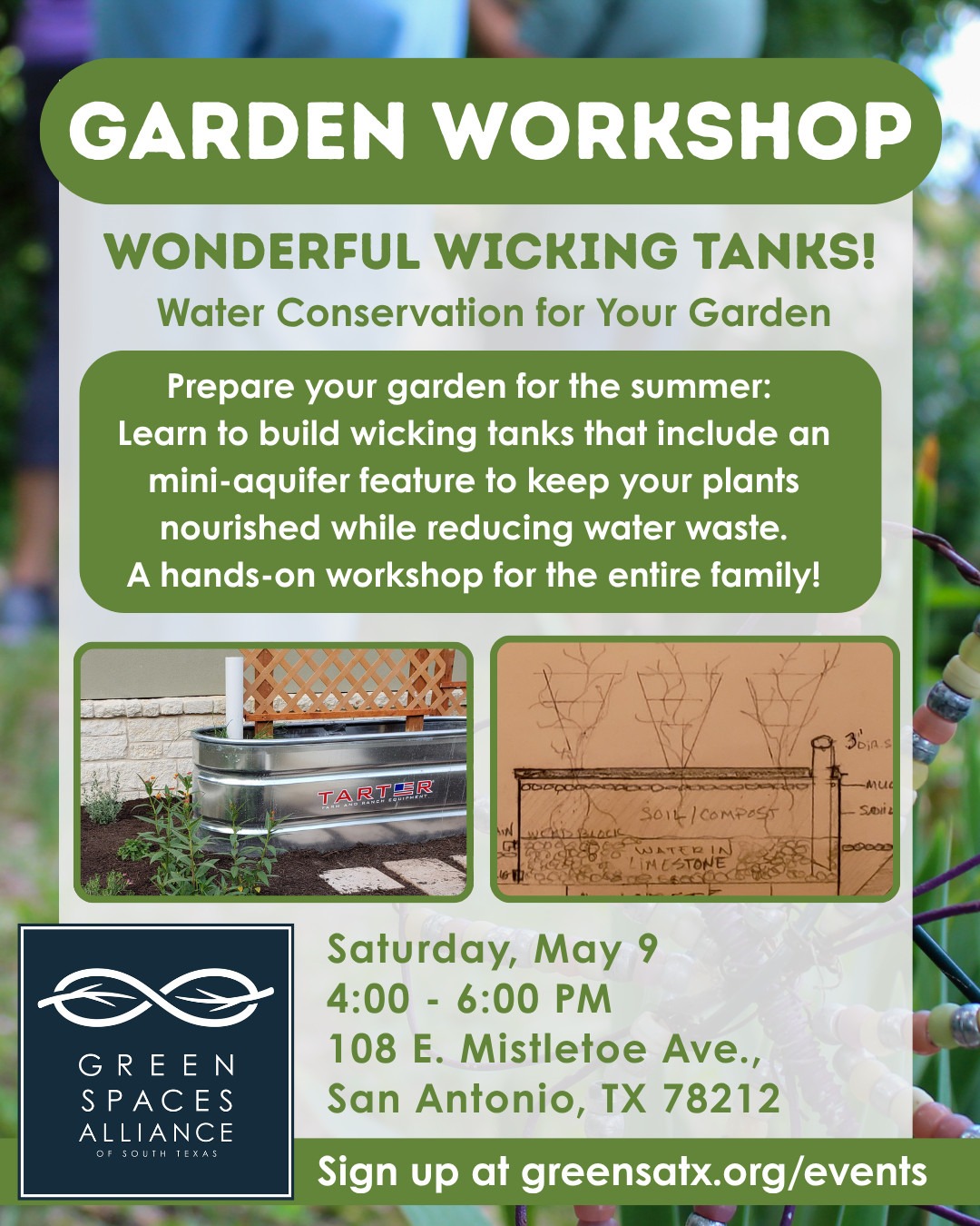May Calendar entry for Green Spaces Alliance workshop on the 9th.