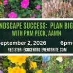 Event Graphic for EcoCentro's Secrets to Landscape Success: Plan Big-Start Small with Pam Peck, AAMN event. Wednesday, September 2, 2026 from 6pm to 7:15 pm. Register at ecocentro.eventbrite.com
