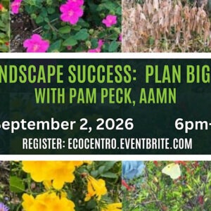 Event Graphic for EcoCentro's Secrets to Landscape Success: Plan Big-Start Small with Pam Peck, AAMN event. Wednesday, September 2, 2026 from 6pm to 7:15 pm. Register at ecocentro.eventbrite.com