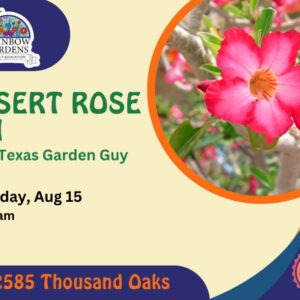 Event Graphic for Desert Rose 101 with Texas Garden Guy. Saturday, August 15th at 10 a.m. 2585 Thousand Oaks. Free Event