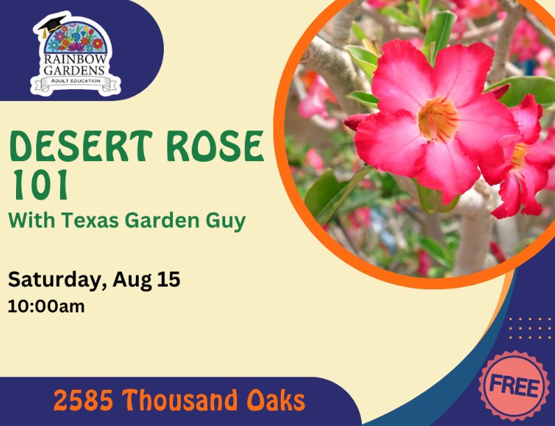 Event Graphic for Desert Rose 101 with Texas Garden Guy. Saturday, August 15th at 10 a.m. 2585 Thousand Oaks. Free Event