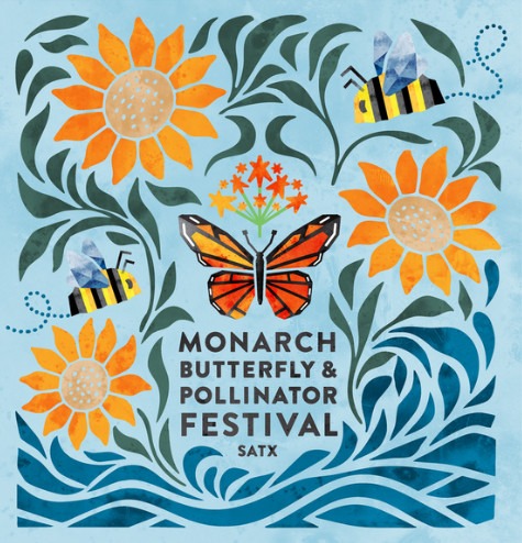 Event graphic for the Monarch Butterfly and Pollinator Festival featuring art of a monarch butterfly, bees and flowers