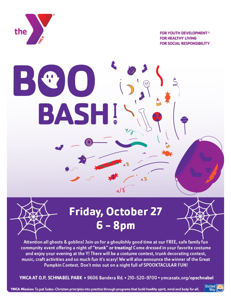 Event graphic for Boo Bash, hosted by the YMCA at O.P. Scnabel Park.